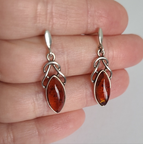 Vintage Sterling Silver Celtic Boho Marquis Baltic Amber Long Drop Earrings - Picture 14 of 14